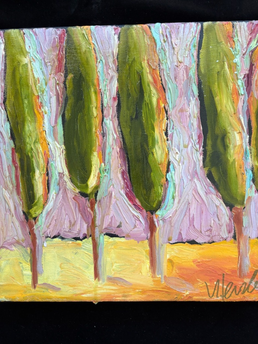 “Cypress Trees Lavender Sky”Original Acrylic Painting 12”x12” on Canvas